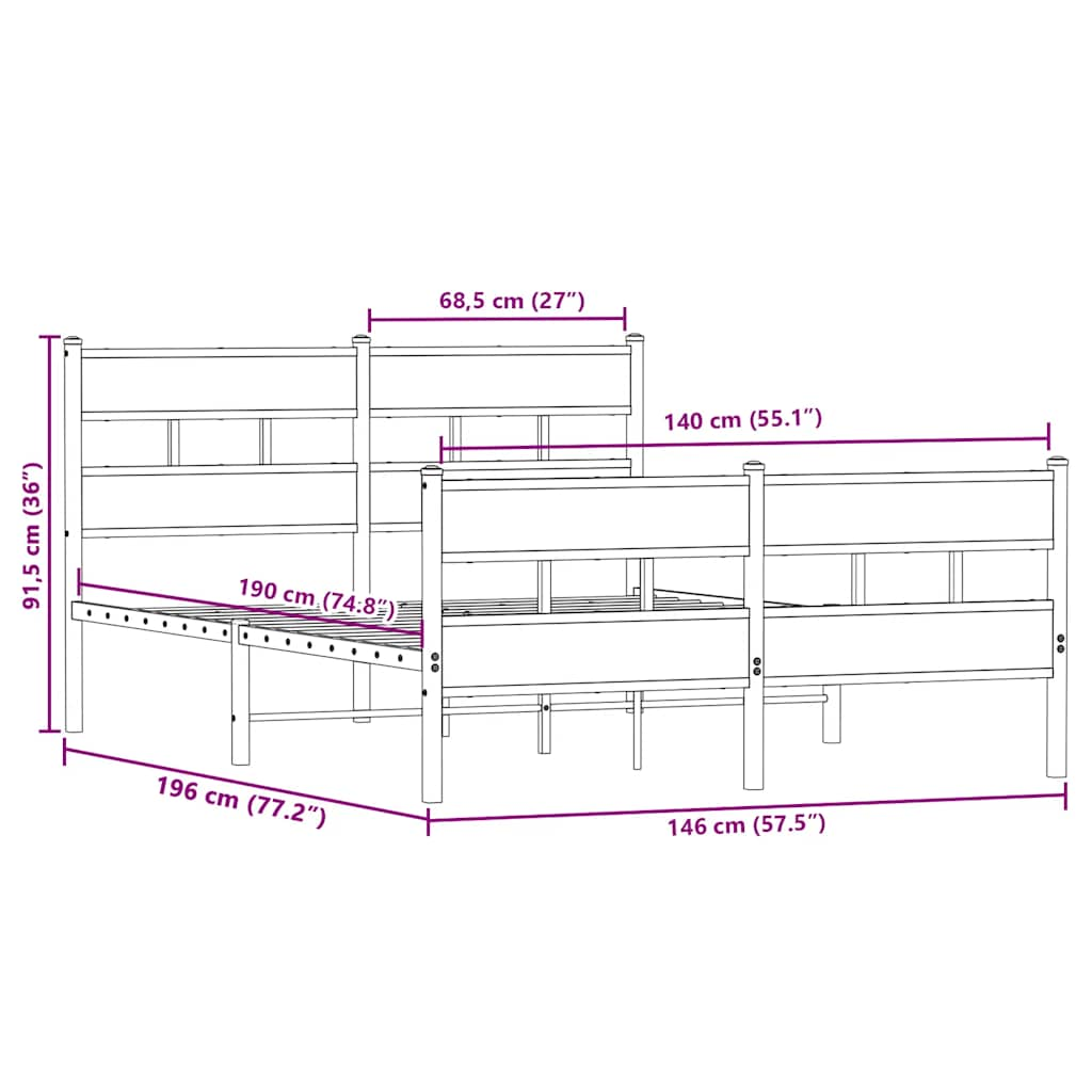 Metal bed without mattress Sonoma oak 140x190 cm