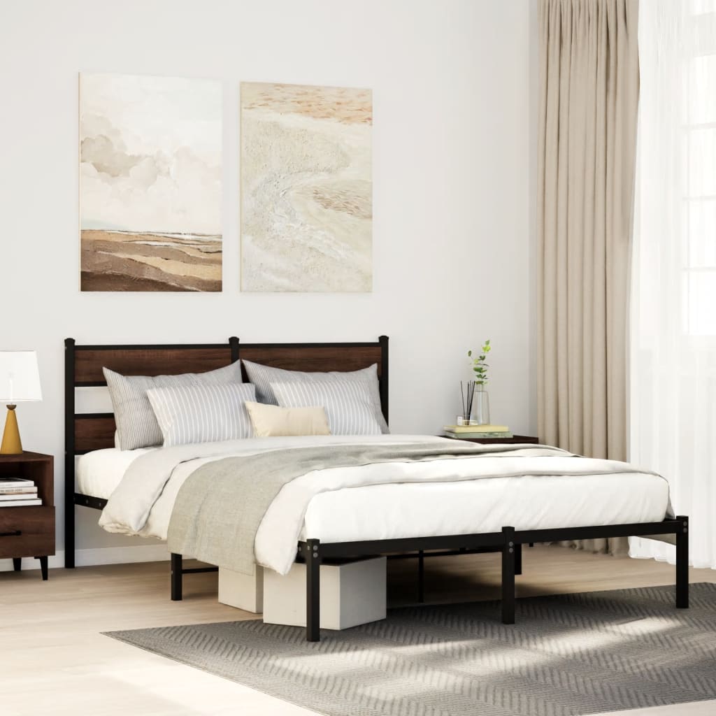 Bed frame without mattress with headboard brown oak 140x200 cm