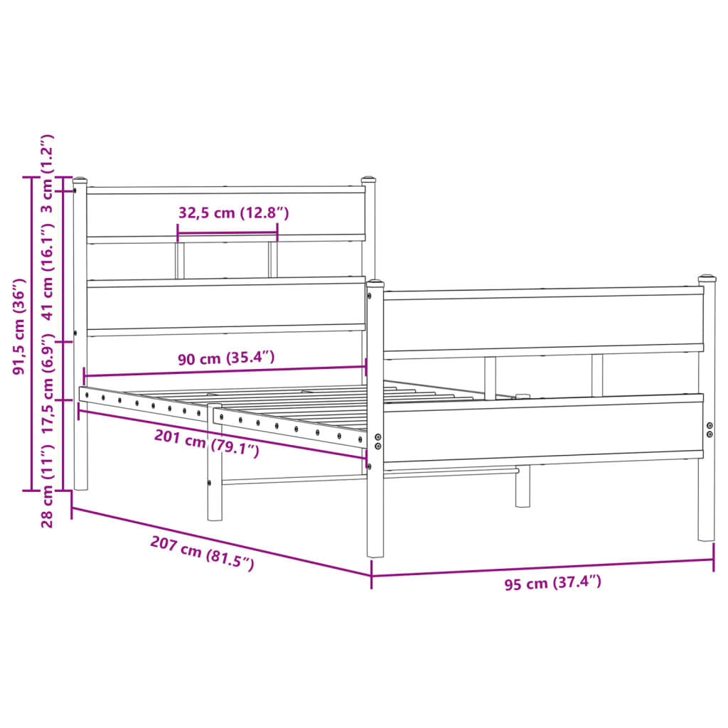 Bed frame without mattress with head and foot section 90x200 cm