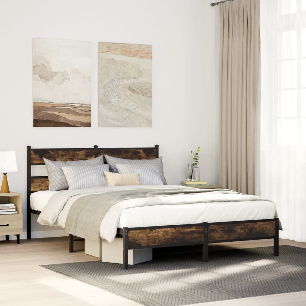 Bed frame without mattress with headboard smoked oak 160x200 cm