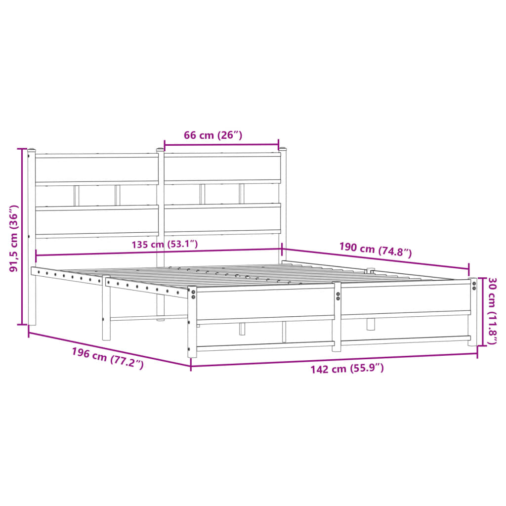 Metal bed without mattress smoked oak 135x190 cm