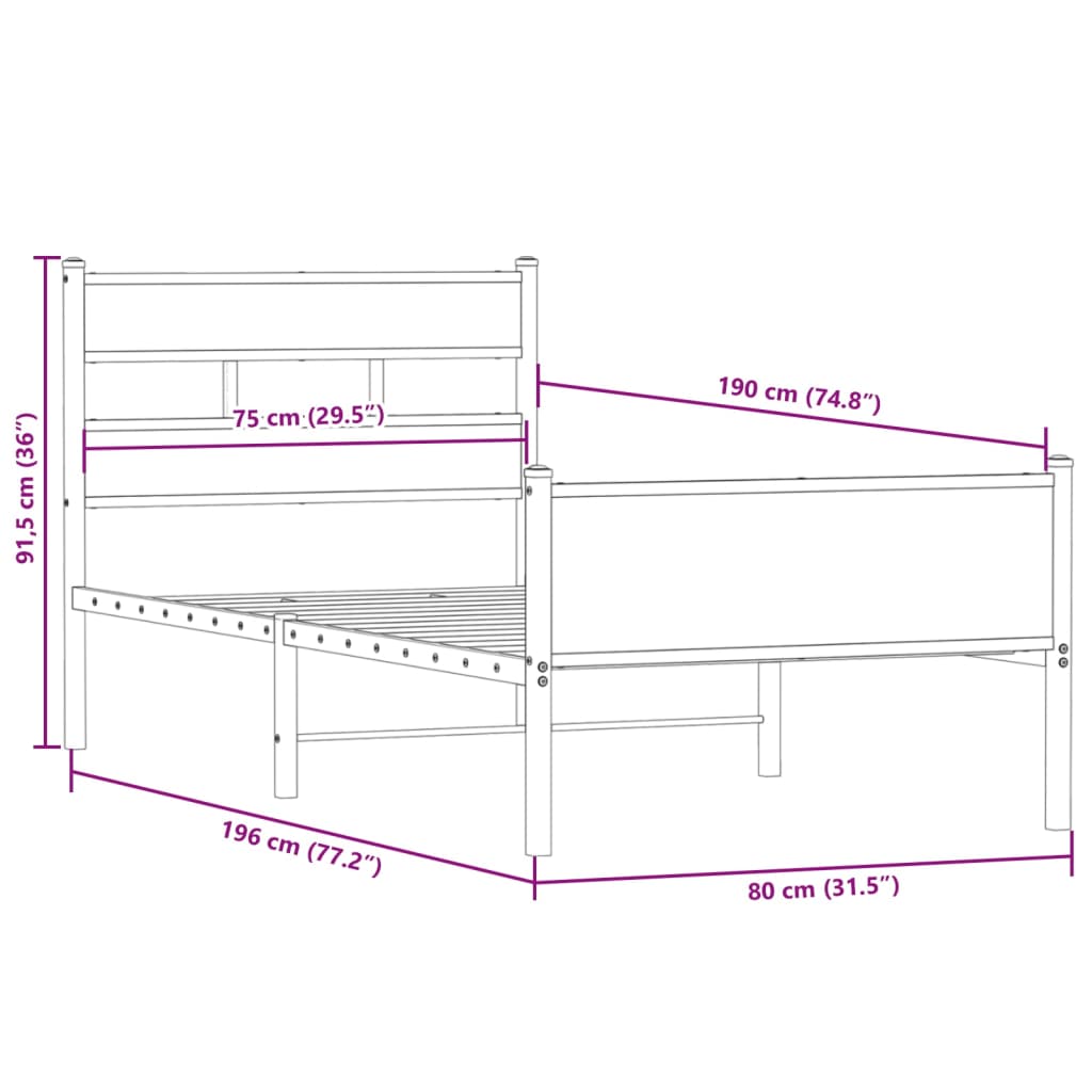 Bed frame without mattress smoked oak 75x190 cm wood material