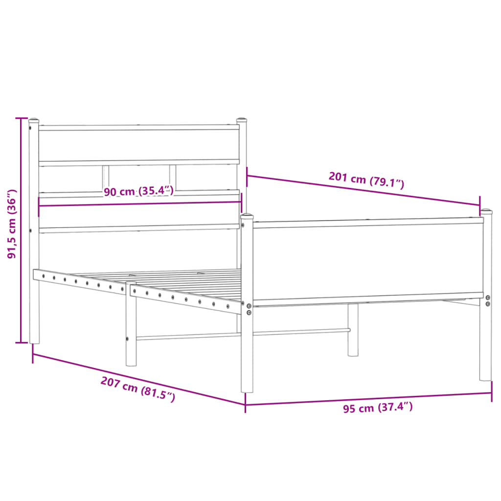 Bed frame without mattress smoked oak 90x200 cm wood material