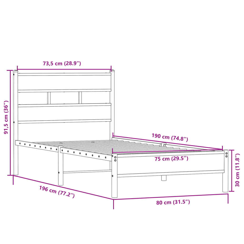 Bed frame without mattress Sonoma oak 75x190 cm wood material