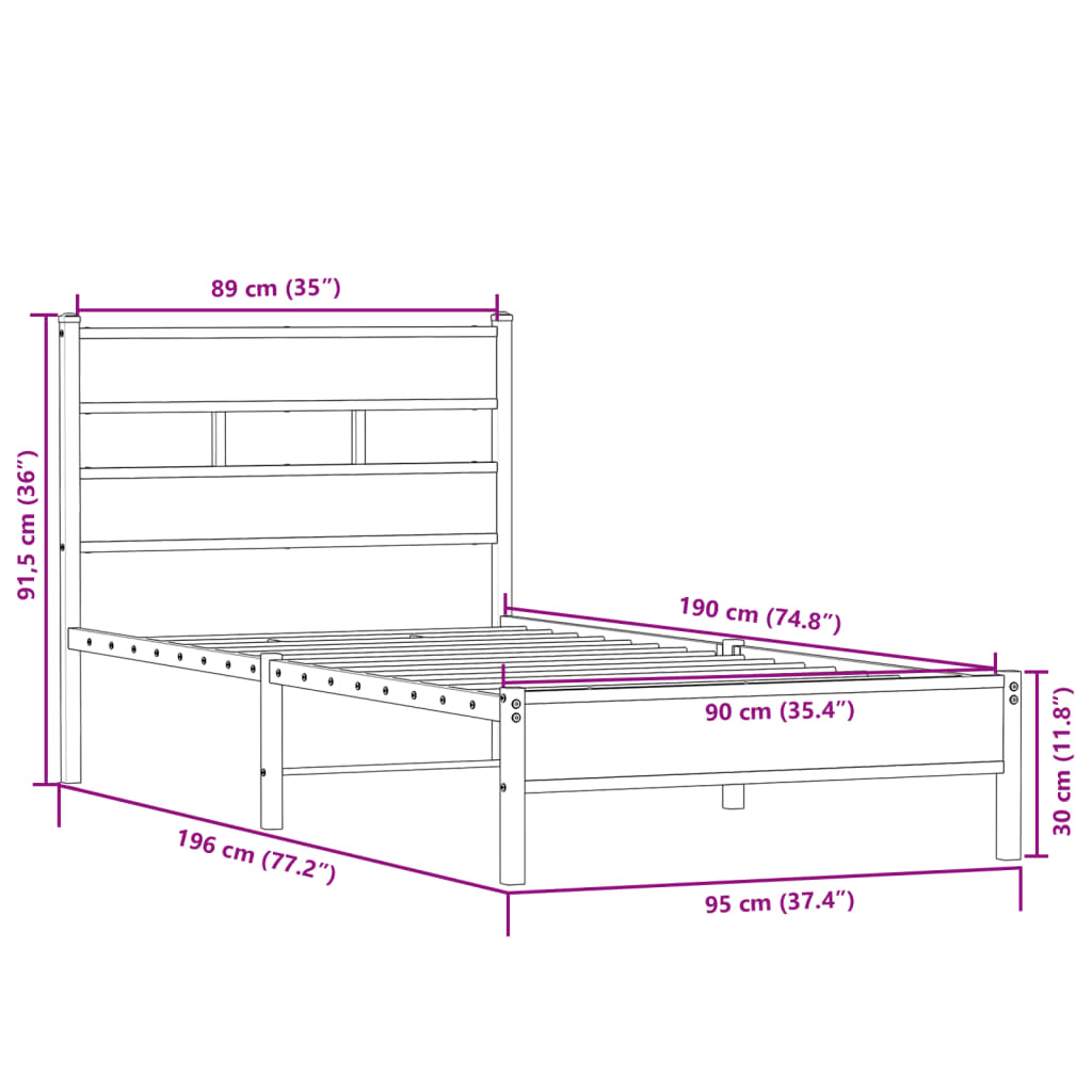 Bed frame without mattress Sonoma oak 90x190 cm wood material