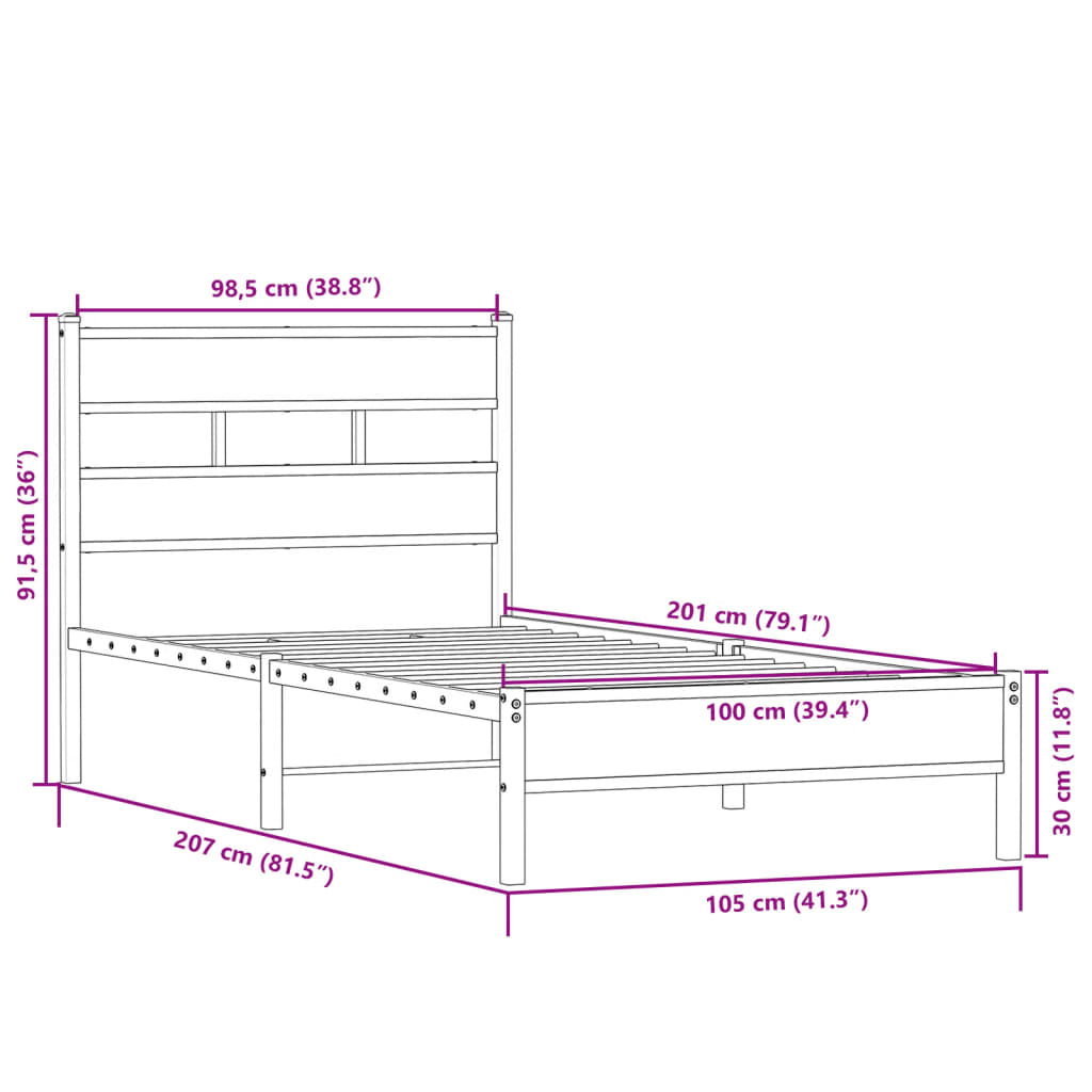 Bed frame without mattress Sonoma oak 100x200 cm wood material