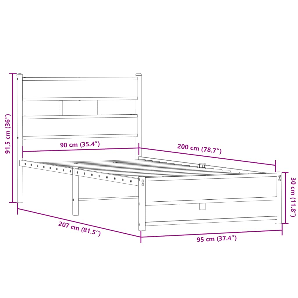 Metallbett ohne Matratze Sonoma-Eiche 90x200 cm