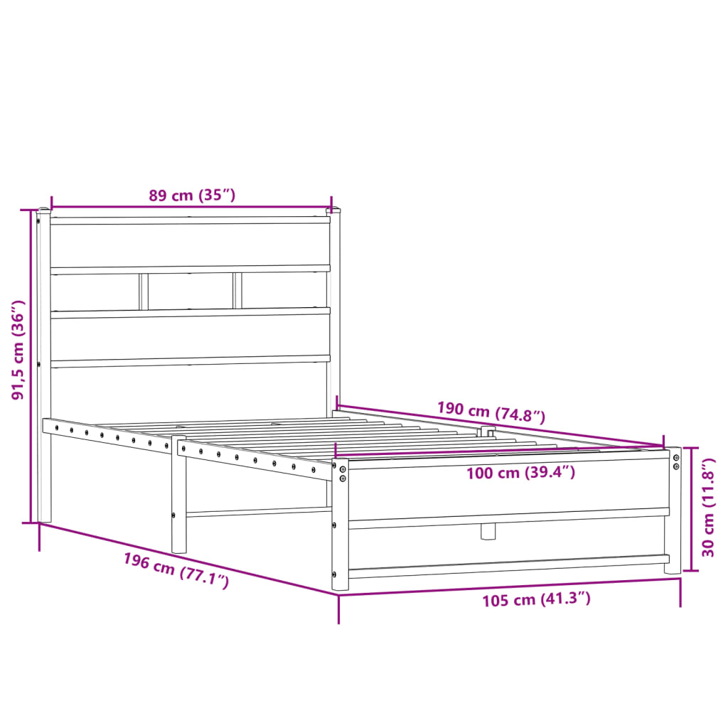 Metallbett ohne Matratze Sonoma-Eiche 100x190 cm