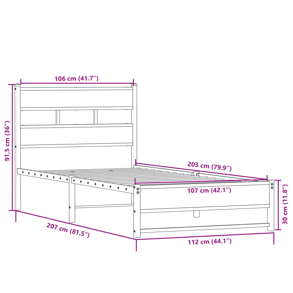 Metallbett ohne Matratze Sonoma-Eiche 107x203 cm