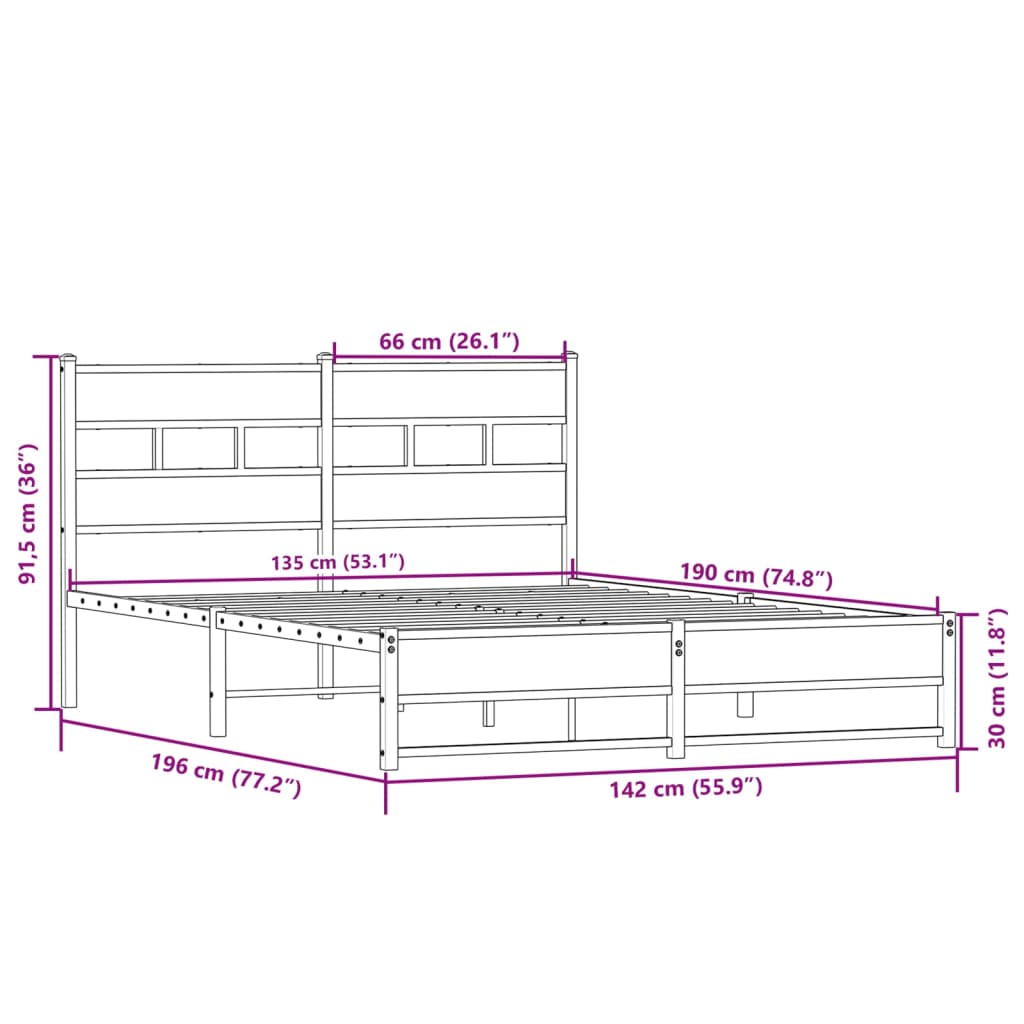 Metal bed without mattress Sonoma oak 135x190 cm