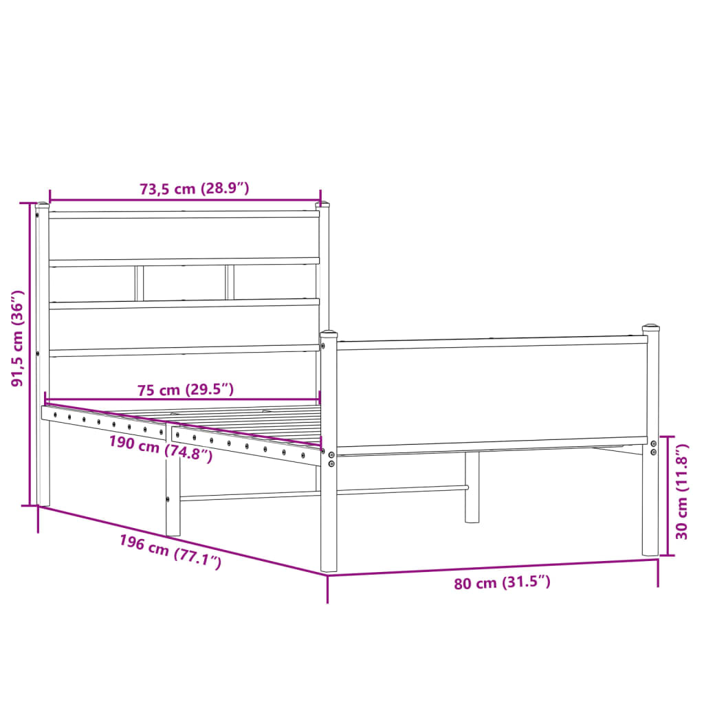 Bed frame without mattress Sonoma oak 75x190 cm wood material