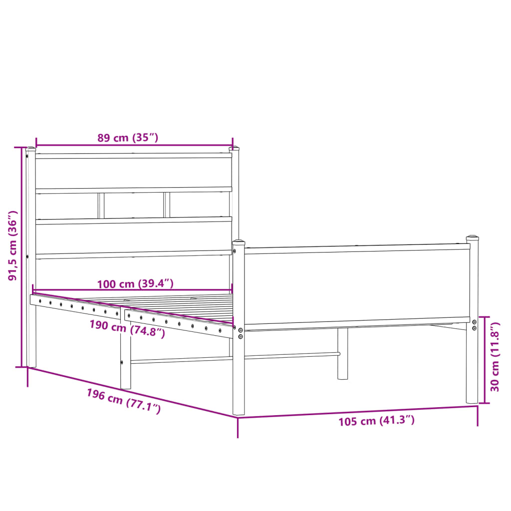 Bed frame without mattress Sonoma oak 100x190 cm wood material