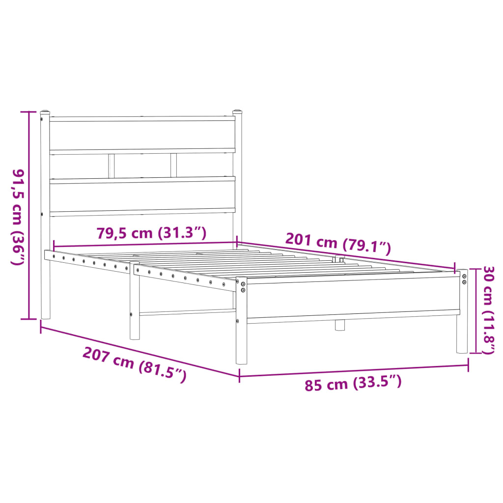 Bed frame without mattress brown oak 80x200 cm wood material