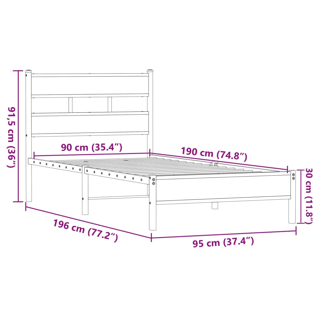 Bed frame without mattress brown oak 90x190 cm wood material