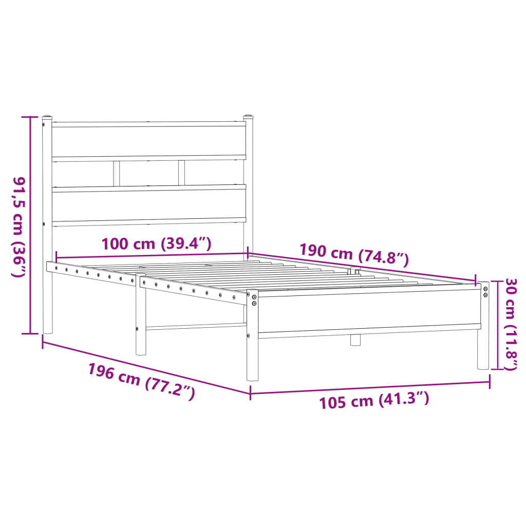 Bed frame without mattress brown oak 100x190 cm wood material