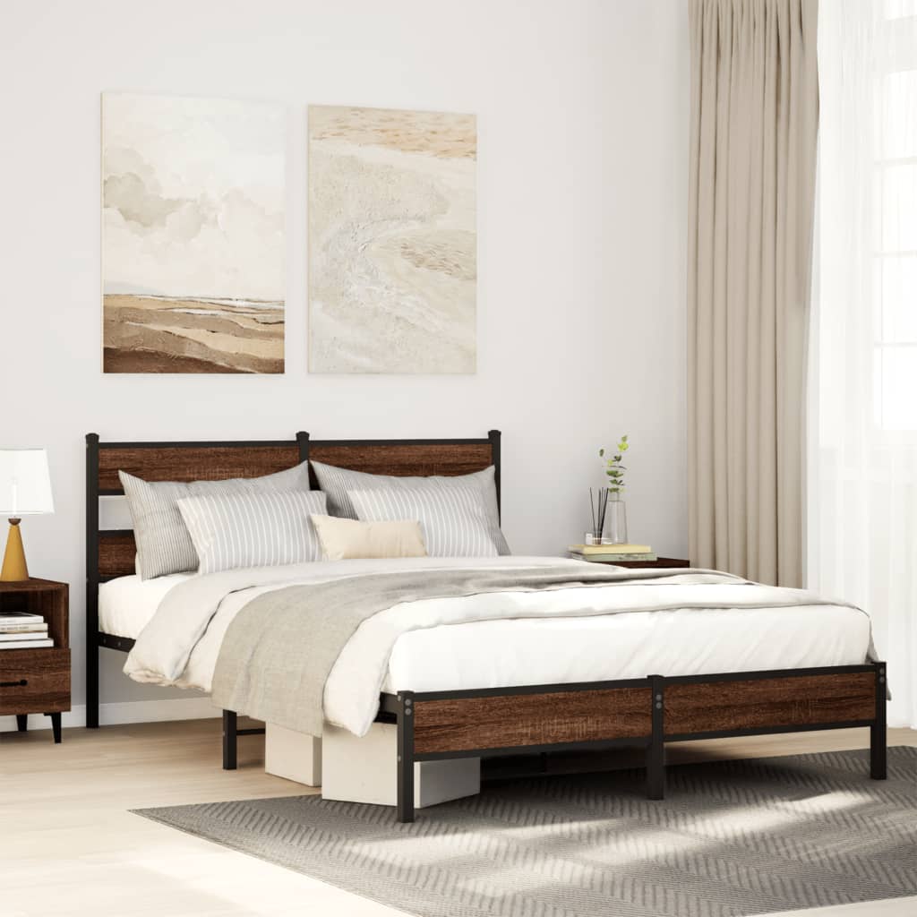 Bed frame without mattress brown oak 137x190 cm wood material