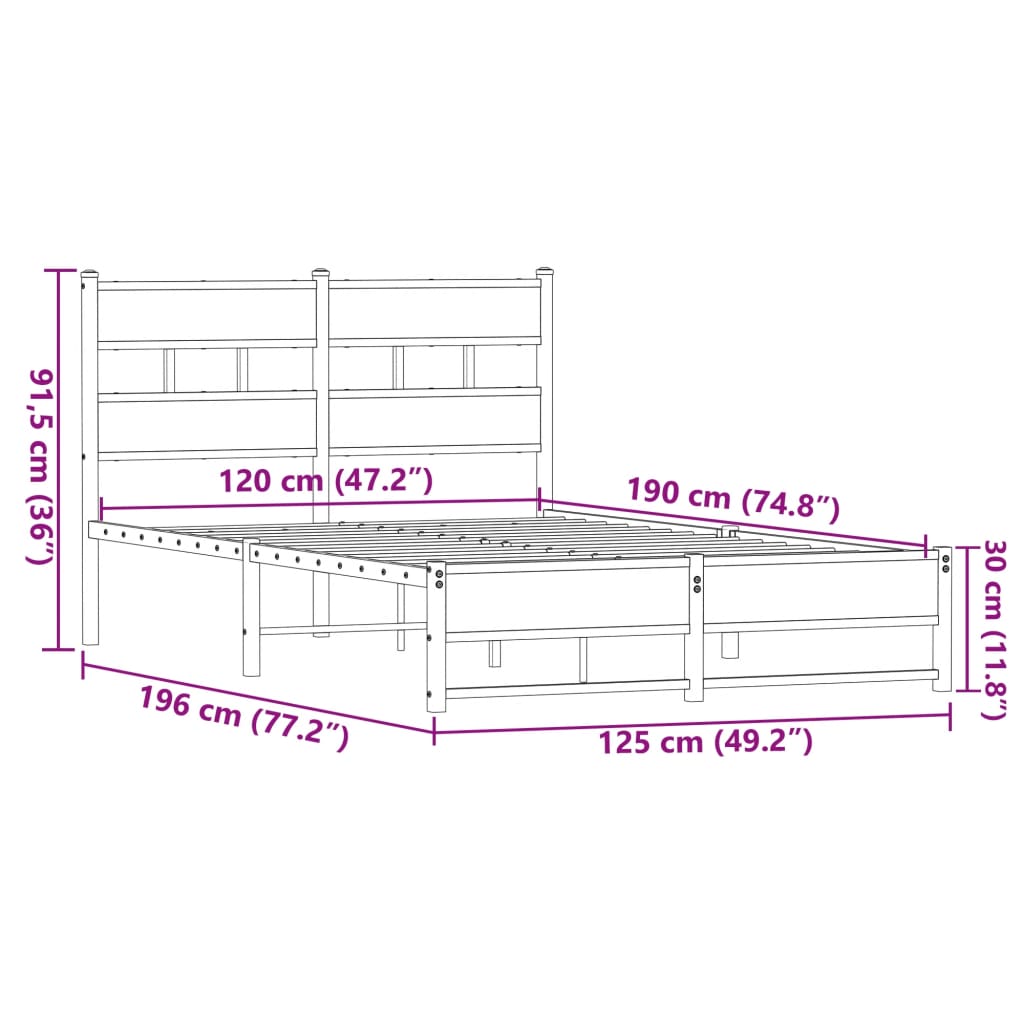 Metal bed without mattress oak look 120x190 cm