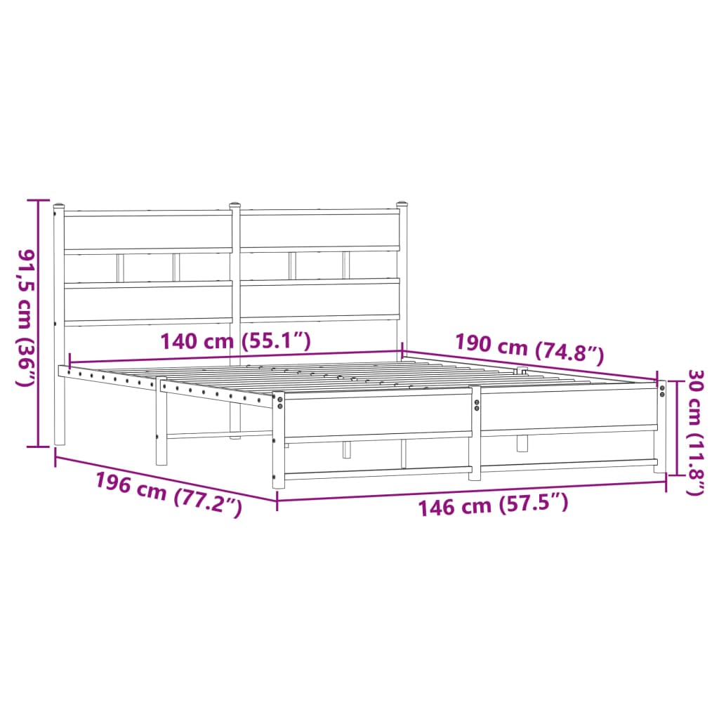 Metallbett ohne Matratze Eichen-Optik 140x190 cm