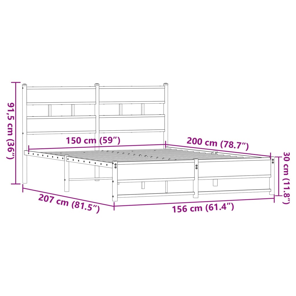 Metal bed without mattress brown oak look 150x200 cm