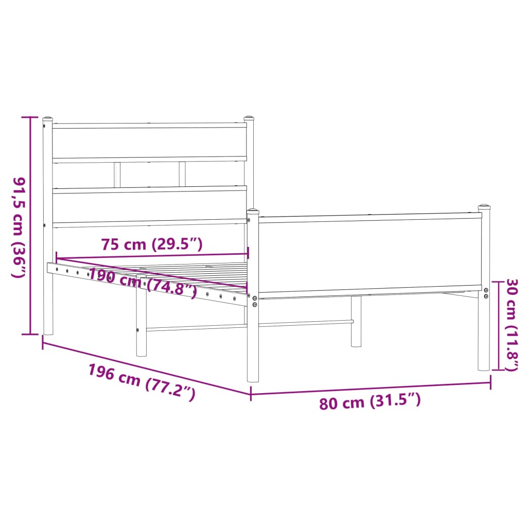 Bed frame without mattress brown oak 75x190 cm wood material