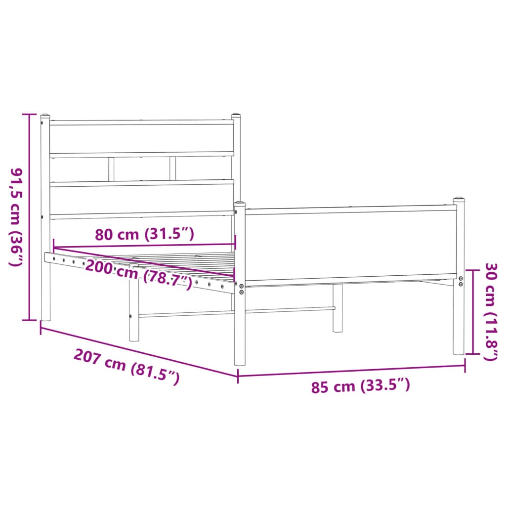 Bed frame without mattress brown oak 80x200 cm wood material