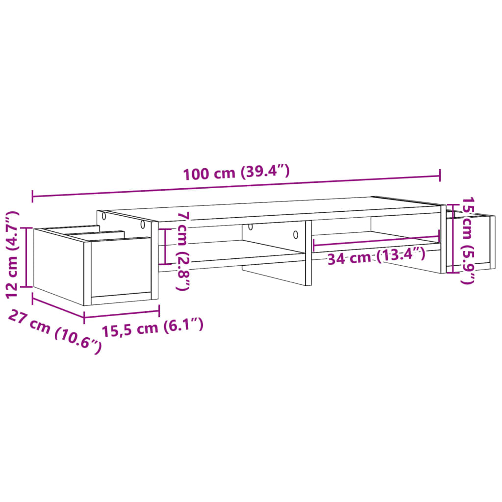 Monitor stand with storage space white 100x27x15 cm wood material