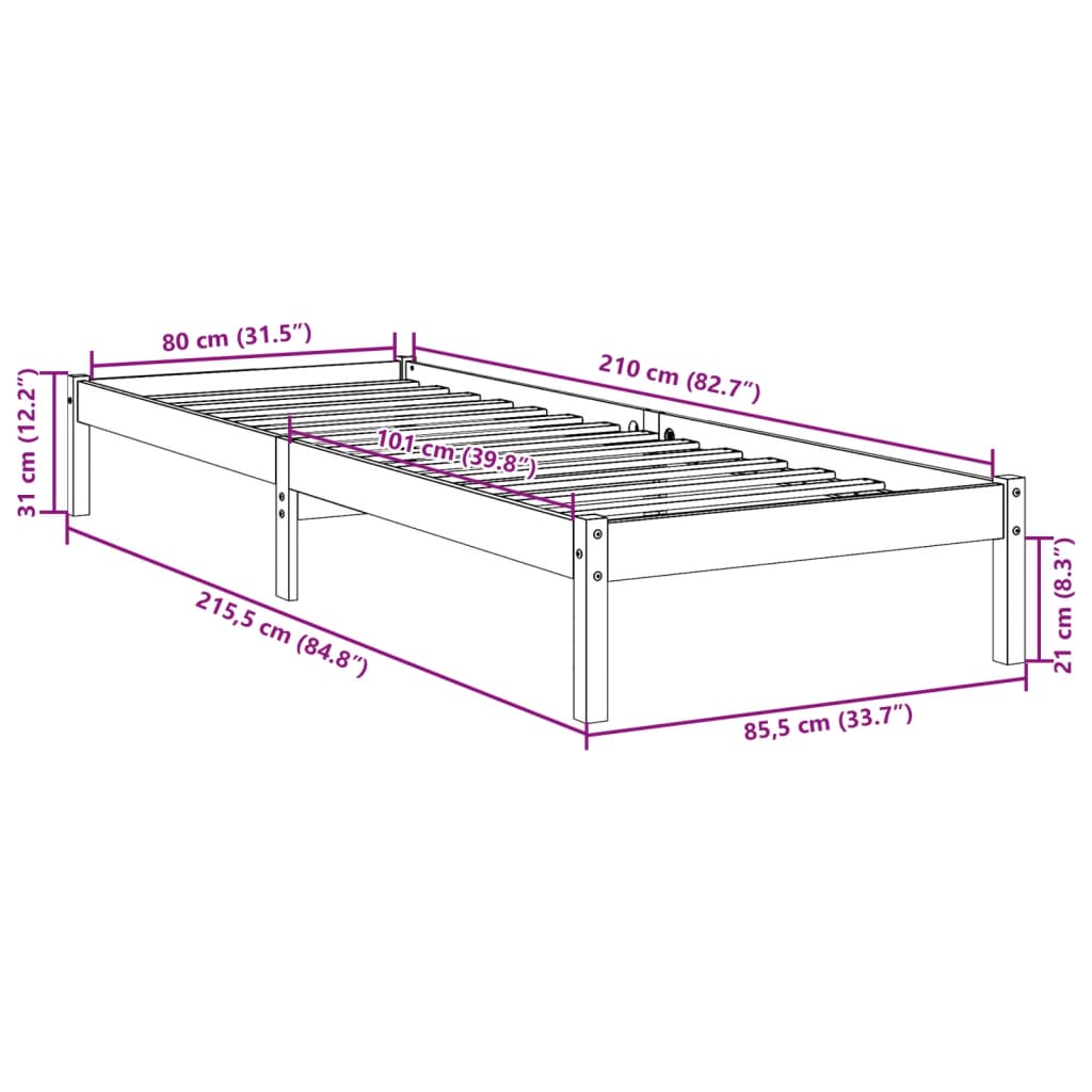 Solid wood bed extra long without mattress 80x210 cm pinewood