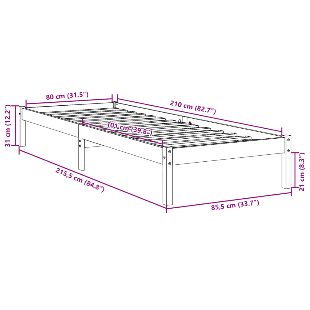 Solid Wood Bed Extra Long without Mattress White 80x210 Pinewood