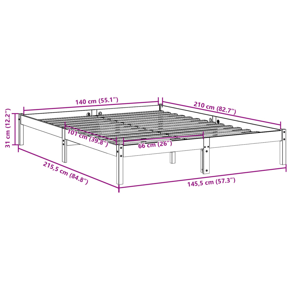 Solid wood bed extra long without mattress 140x210 pinewood