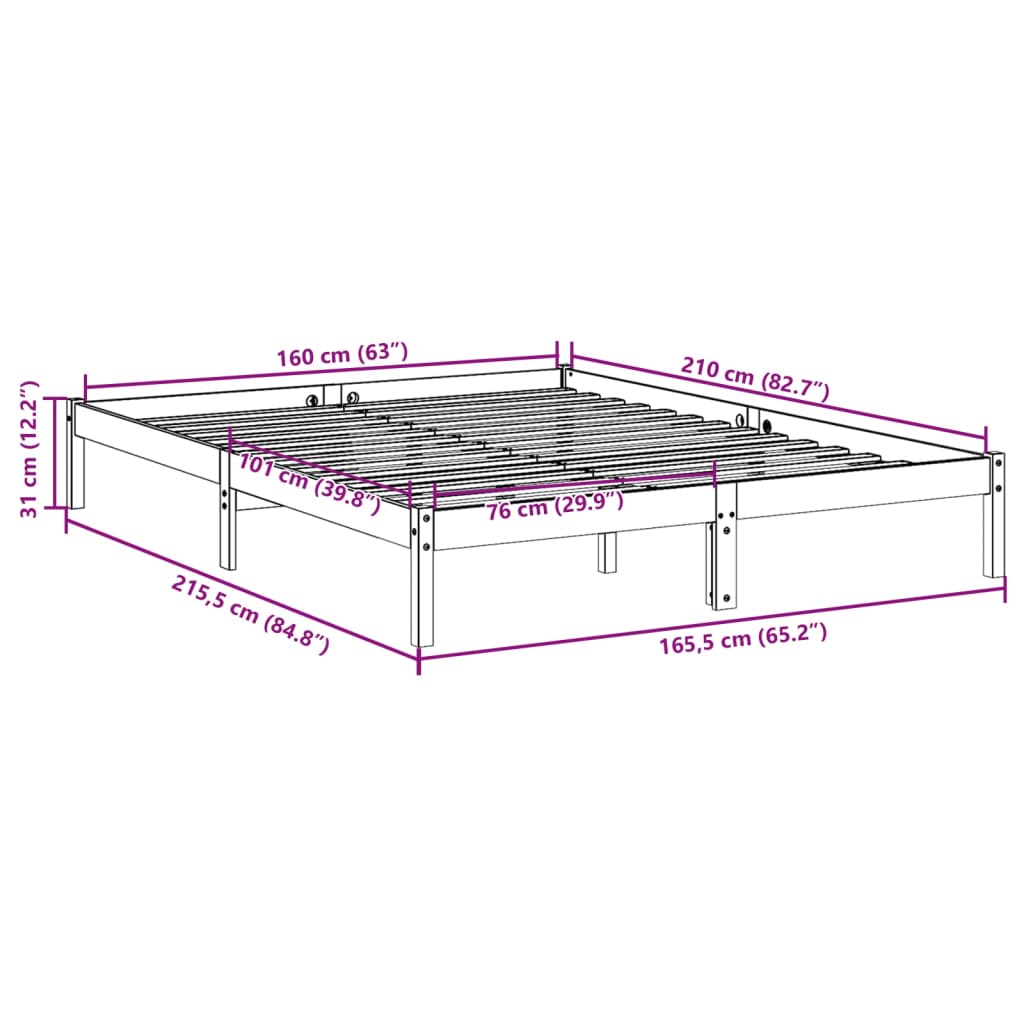 Solid wood bed extra long without mattress 160x210 pinewood