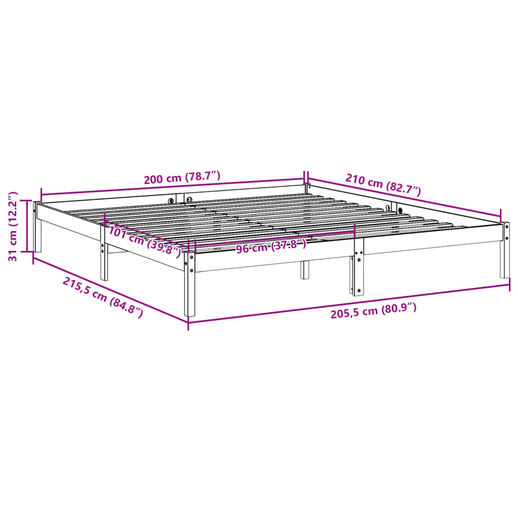 Solid wood bed extra long without mattress 200x210 cm pinewood