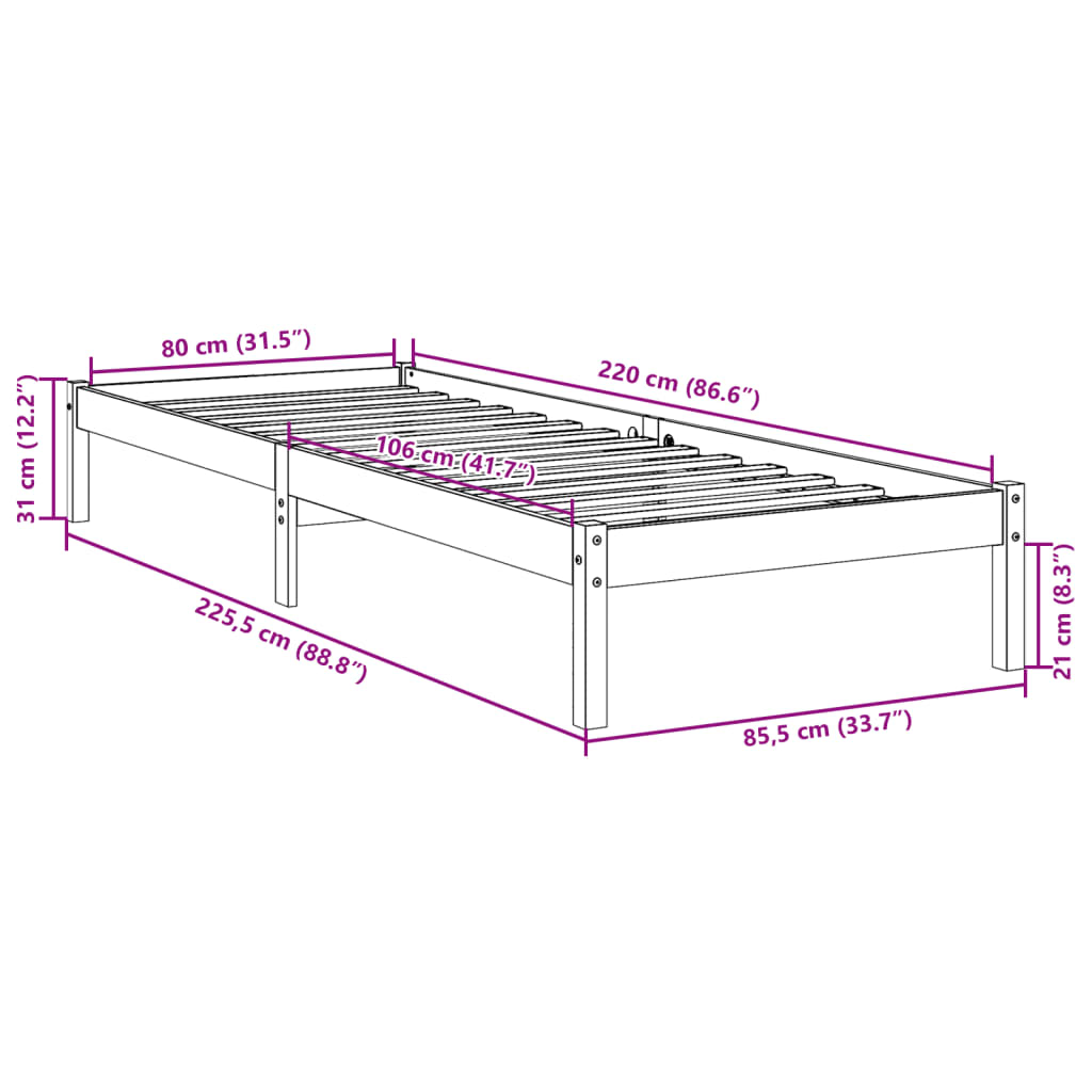 Solid wood bed extra long without mattress 80x220 pinewood