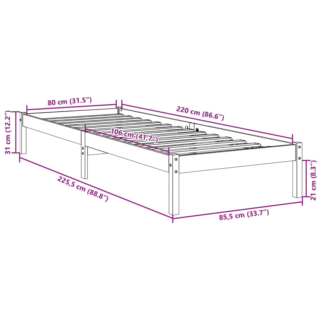 Solid Wood Bed Extra Long without Mattress White 80x220 Pinewood