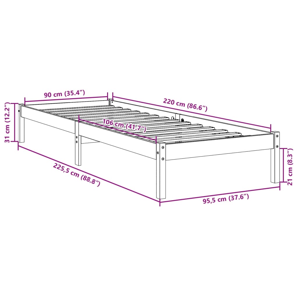 Solid Wood Bed Extra Long without Mattress White 90x220 Pinewood