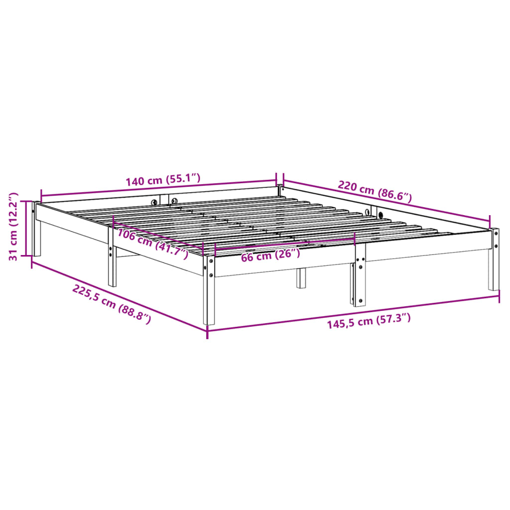 Solid wood bed extra long without mattress 140x220 pinewood