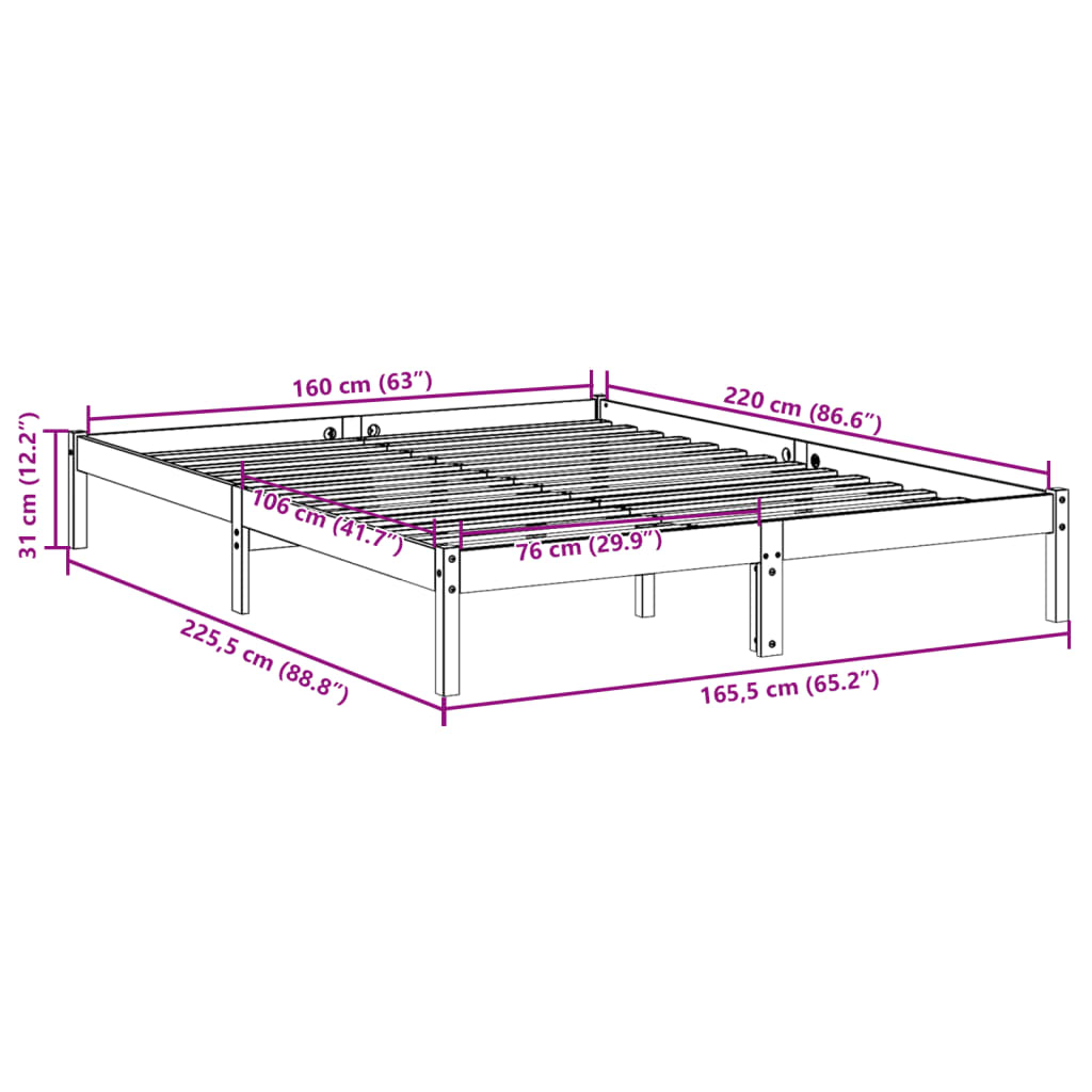 Solid wood bed extra long without mattress 160x220 pinewood