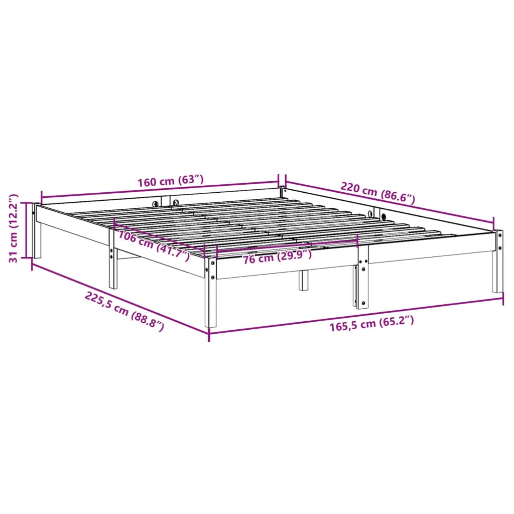 Solid Wood Bed Extra Long without Mattress White 160x220 Pinewood