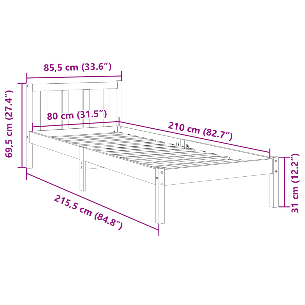 Solid wood bed extra long without mattress 80x210 cm pinewood