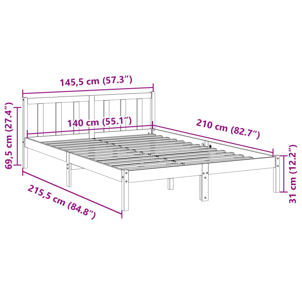 Solid wood bed extra long without mattress 140x210 pinewood