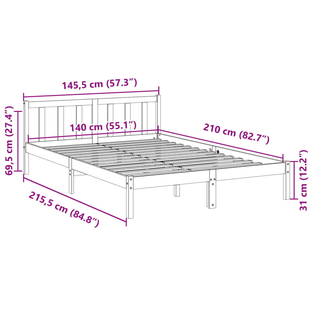 Solid Wood Bed Extra Long without Mattress White 140x210 Pinewood