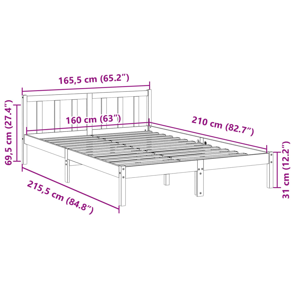 Solid wood bed extra long without mattress 160x210 pinewood