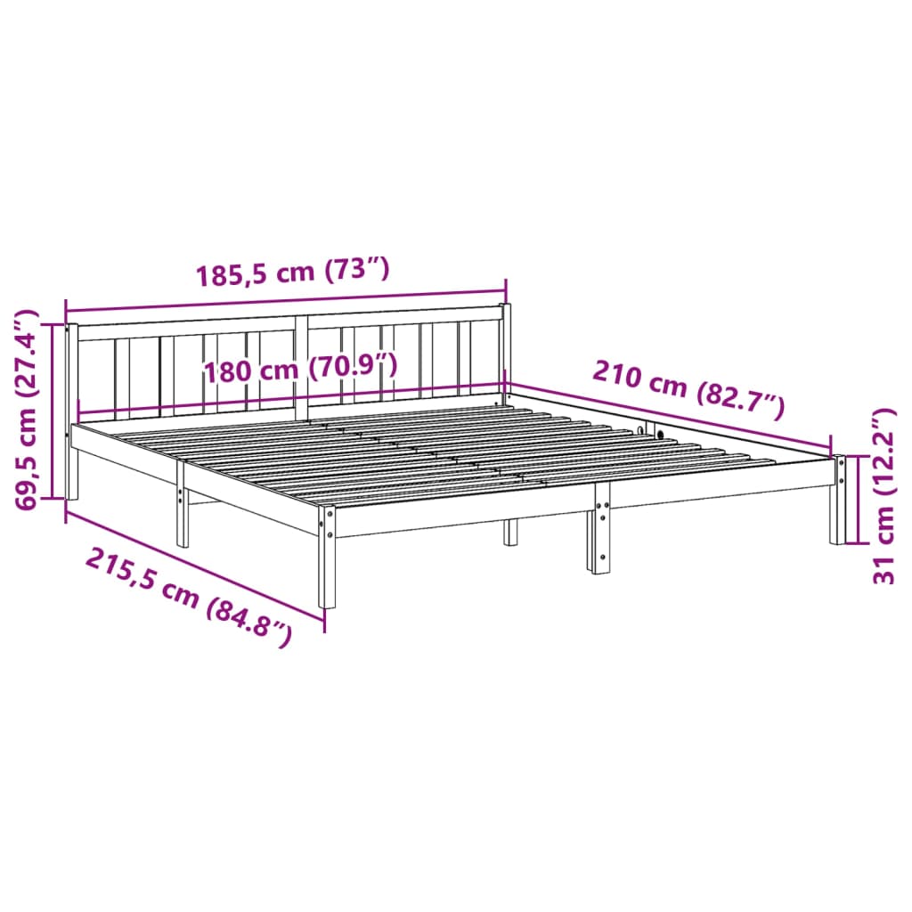 Solid wood bed extra long without mattress 180x210 pinewood