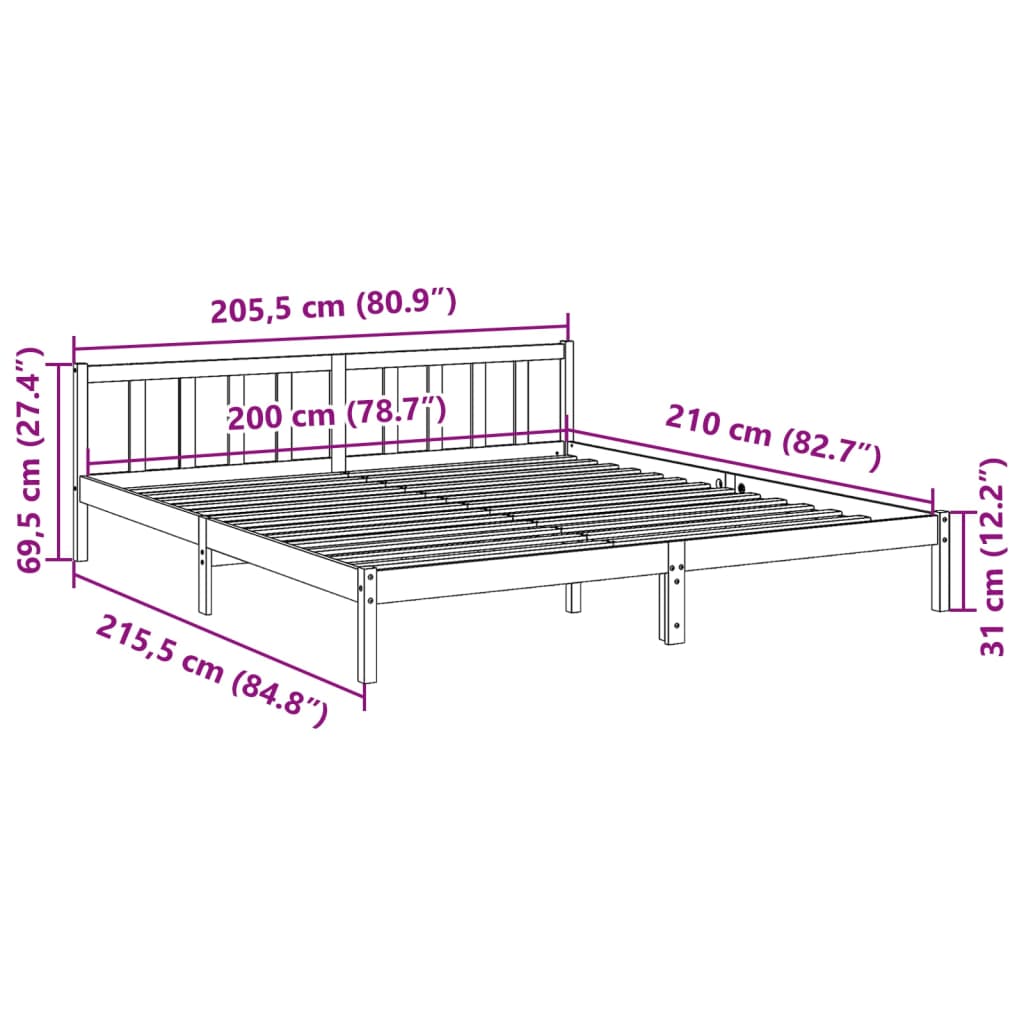 Solid wood bed extra long without mattress 200x210 cm pinewood