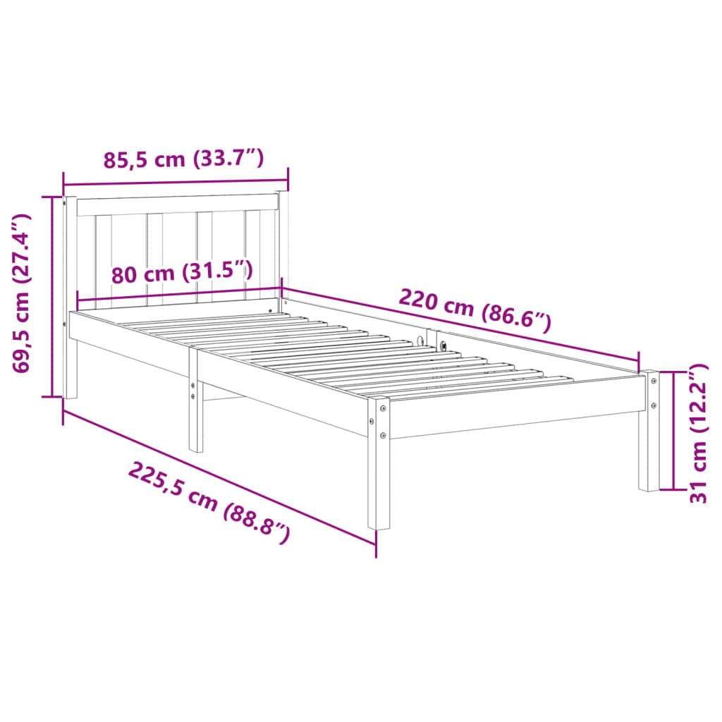 Solid Wood Bed Extra Long without Mattress White 80x220 Pinewood