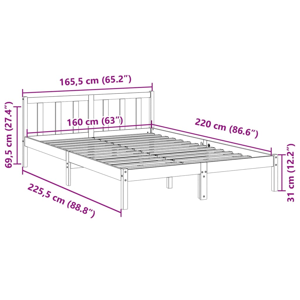 Solid wood bed extra long without mattress 160x220 pinewood