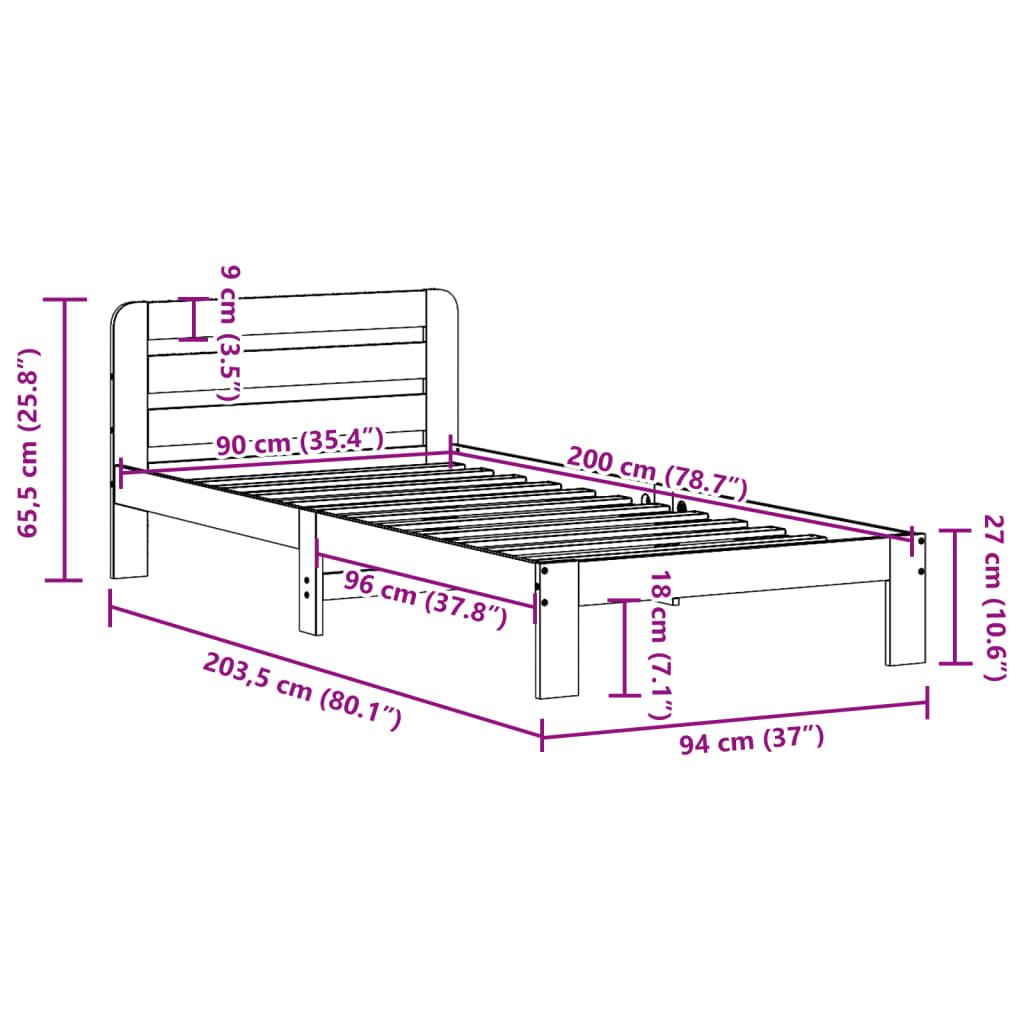 Solid wood bed without mattress 90x200 pinewood