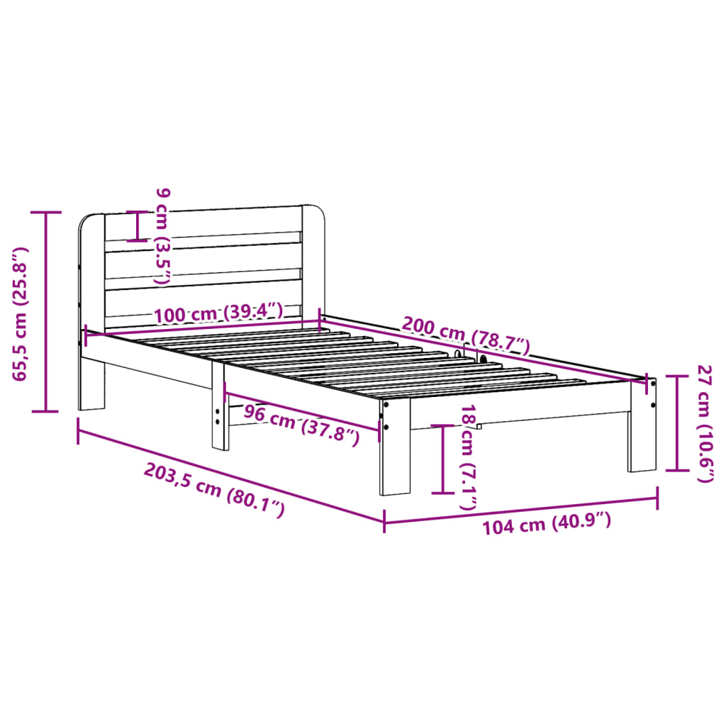 Solid wood bed without mattress white 100x200 cm pinewood