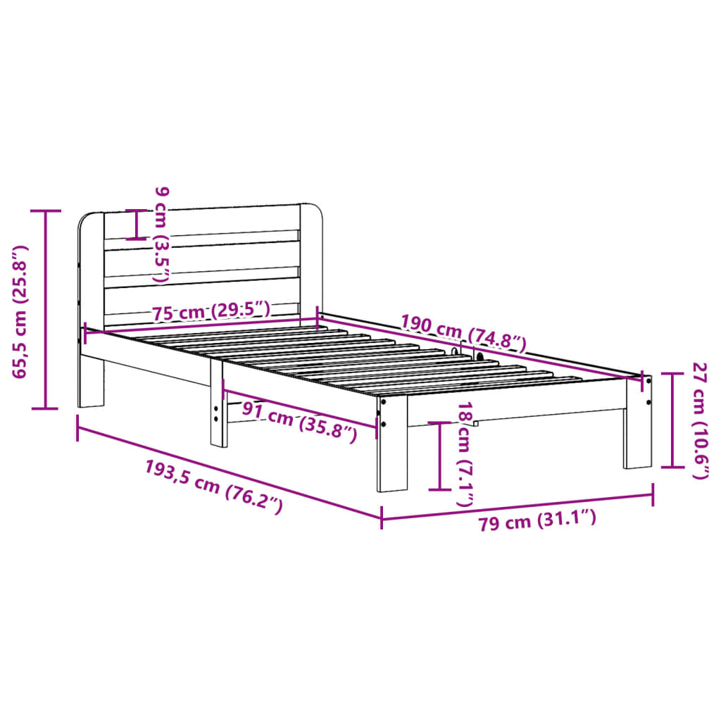 Solid wood bed without mattress 75x190 cm pinewood