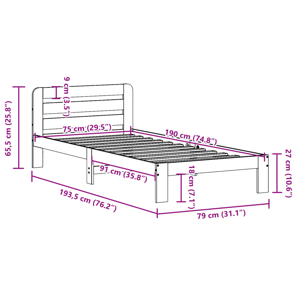 Solid wood bed without mattress white 75x190 cm pinewood