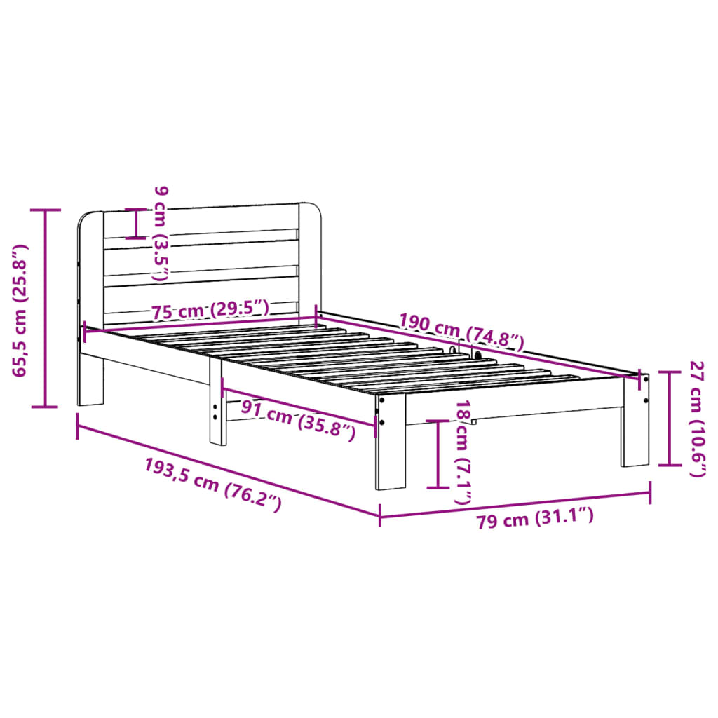 Solid wood bed without mattress wax brown 75x190 cm pinewood